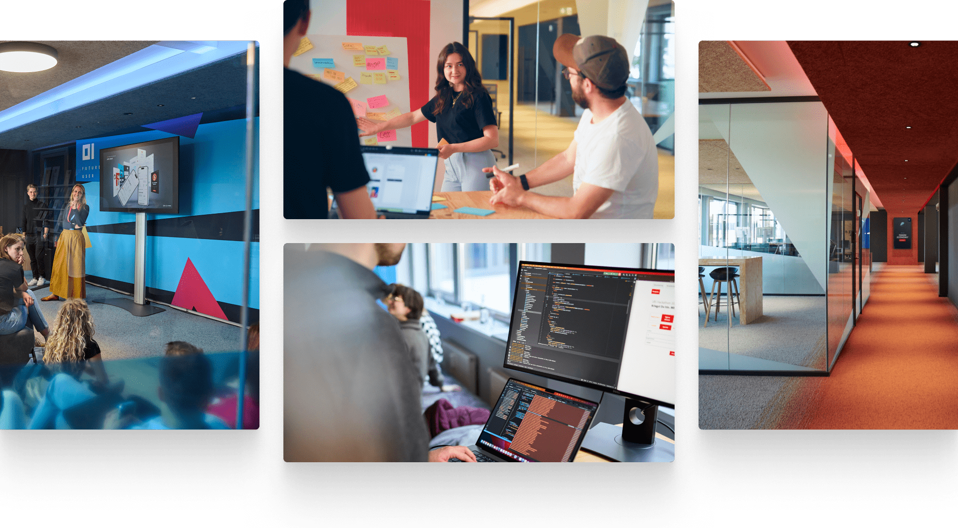 Collage mit Einblicken in die Arbeitswelt der Star Finanz: Mitarbeitende präsentieren digitale Lösungen, arbeiten gemeinsam an agilen Projekten mit Post-its und programmieren an modernen Arbeitsplätzen. Zu sehen ist auch der offene, lichtdurchflutete Büroflur der Star Finanz in Hamburg.