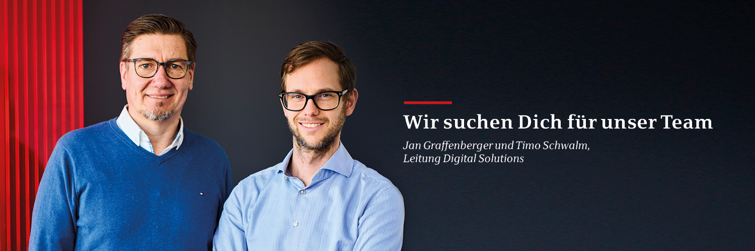 Jan Graffenberger und Timo Schwalm, Leitung Digital Solutions bei der Star Finanz, vor rotem und dunklem Hintergrund mit dem Schriftzug ‚Wir suchen Dich für unser Team‘.