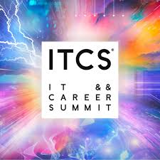 Logo des ITCS – IT & Career Summit. Schwarzer Schriftzug in einem weißen Quadrat. Hintergrund mit bunten, leuchtenden Farben, Blitzen und Lichteffekten in Blau, Violett, Rot und Orange.