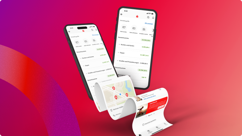 Zwei Smartphones mit geöffneter App Sparkassen, die Kontenübersichten und Finanzdaten anzeigen, vor einem rot-violetten Hintergrund mit dynamischem App-Design.