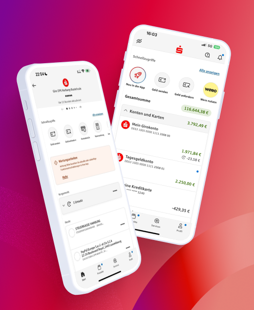 Screenshots der App Sparkassen mit neuer Benutzeroberfläche: Kontenübersicht, Kreditkarten, Schnellzugriffe und Wero-Funktion – vorgestellt in der News ‚Neues in der App Sparkasse‘.