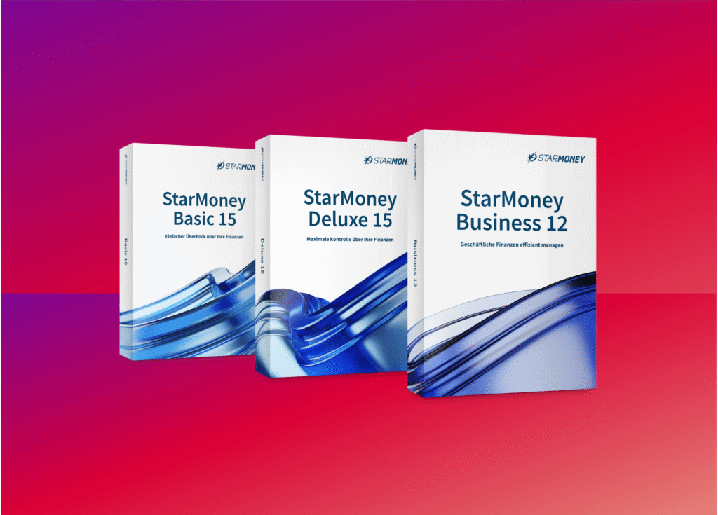 Produktboxen der StarMoney-Software: StarMoney Basic 15, StarMoney Deluxe 15 und StarMoney Business 12 – Finanzsoftware für private und geschäftliche Nutzer der Star Finanz.