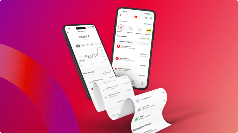 Visualisierung des App Sparkasse Releases 7.2: Zwei Smartphone-Screens mit Portfolio-Übersicht, Kontoständen und neuen Funktionen, ergänzt durch animierte Transaktionslisten.