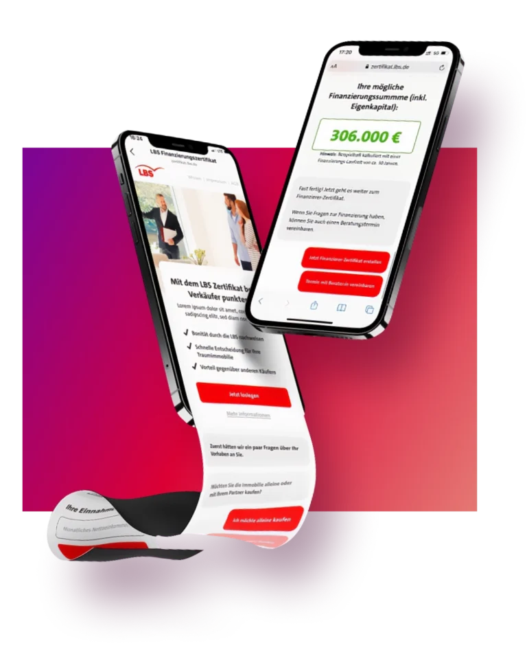 Zwei Smartphones mit der LBS-App: Darstellung eines digitalen Finanzierungszertifikats mit berechneter Finanzierungssumme und Vorteilen für den Immobilienkauf.