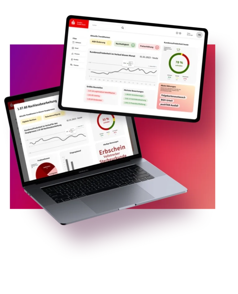 Kundenhealthcheck: Visualisierung von zwei Geräten mit geöffneten Dashboards des Sparkassen Kundenmonitors: Tablet und Laptop zeigen Analysen zur Kundenzufriedenheit, Trendthemen sowie Statistiken zu Serviceprozessen.