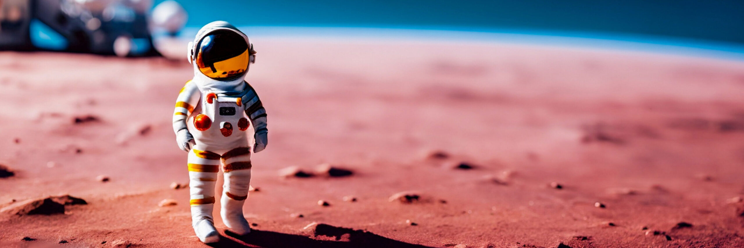 Astronaut läuft auf einem roten Planeten herum.