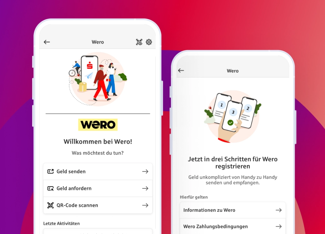 Screenshots der App Sparkassen mit neuer Benutzeroberfläche: Kontenübersicht, Kreditkarten, Schnellzugriffe und Wero-Funktion