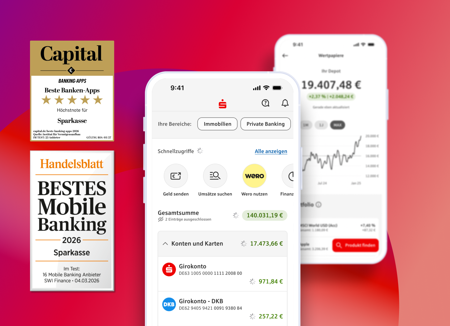 Zwei Screens der App Sparkasse auf einem Smartphone mit den Testsieger-Siegeln der Anbieter Capital und Handelsblatt