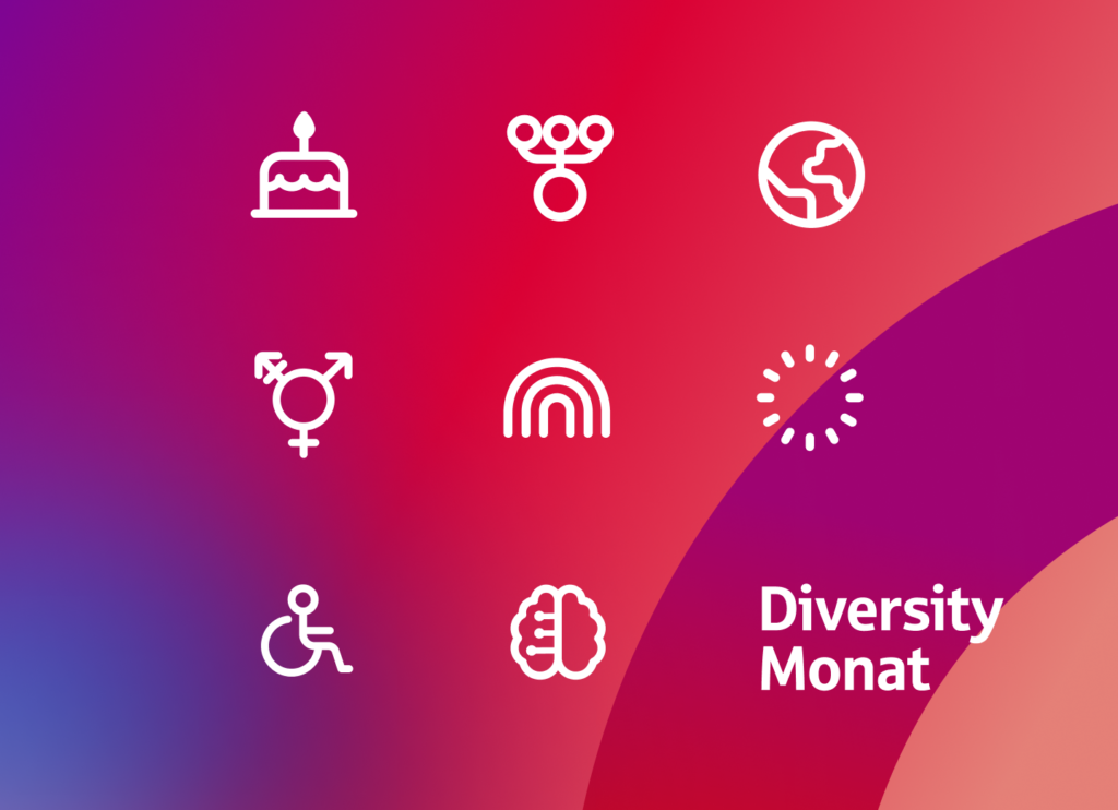 Diversity Monat Grafik bei Star Finanz mit Symbolen für Vielfalt, Inklusion, Barrierefreiheit, Neurodivergenz und Zusammenarbeit auf farbigem Hintergrund