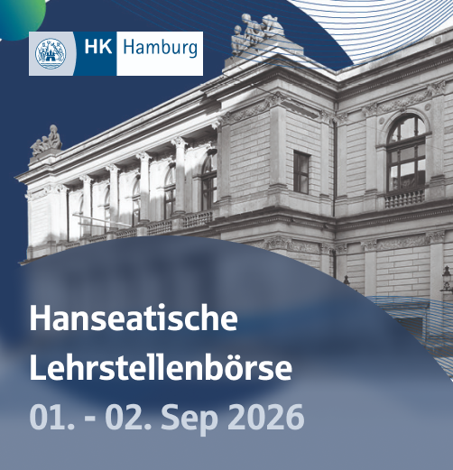 Werbebild für die Hanseatische Lehrstellenbörse in Hamburg vom 1. bis 2. September 2026, das ein historisches Gebäude zeigt, mit Angaben zur Veranstaltung und zum Veranstalter auf einem blauen Hintergrund.