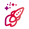 Ein rotes und violettes Raketensymbol mit Sternen darüber, das einen Start oder Innovation symbolisiert, auf hellem Hintergrund.
