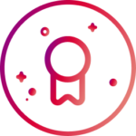 Illustratives Icon mit einem runden Symbol mit einem Farbverlauf am Rand zeigt in der Mitte ein Band oder ein Auszeichnungssymbol, umgeben von kleinen Punkten und Sternen, auf hellem Hintergrund.