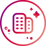 Illustratives Icon mit einem radienten-Symbol, das ein Gebäude mit rechteckigen Fenstern darstellt, umrahmt von einem Kreis und umgeben von kleinen dekorativen Punkten und Sternen, auf hellem Hintergrund.