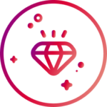 Illustratives Icon mit einem roten Rauten-Symbol mit Farbverlauf, umgeben von Glitzerpartikeln und Punkten, eingefasst von einem kreisförmigen Rahmen auf hellem Hintergrund.