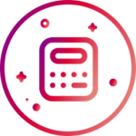 Illustratives Icon mit einem stilisierten, rot verlaufendem Symbol eines Taschenrechners innerhalb eines runden Rahmens mit kleinen Zierpunkten und Sternen auf hellem Hintergrund.