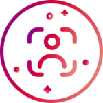 Illustratives Icon mit einem abstrakten Symbol einer Person in einem Kreis mit geometrischen Formen und Linien, gestaltet mit einem Farbverlauf aus Rot, Rosa und Orange. Das Design deutet auf eine Benutzer- oder Profilidentifikation hin.