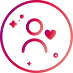 Illustratives Icon mit einem schlichten Avatar-Symbol mit rotem und rosa Umriss, umgeben von kleinen Formen wie einem Herz, Sternen und Kreisen, die alle von einem kreisförmigen Rahmen umschlossen sind.
