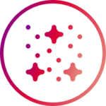 Illustratives Icon mit einem kreisförmigen Symbol mit vier sternförmigen Funken und acht Punkten in verschiedenen Rot- und Violetttönen, alles vor einem hellen Hintergrund mit einem rot-violetten Farbverlauf am Rand.