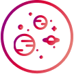 Illustratives Icon mit mehreren Planeten und Umlaufbahnen in Rot- und Pinktönen – Symbol für Innovation, Vernetzung und digitale Ökosysteme in der Sparkassen-Finanzgruppe.