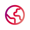 Ein schlichtes, stilisiertes Globus-Symbol in einem Farbverlauf aus Rot und Rosa mit abstrakten Landformen auf hellgrauem Hintergrund.