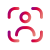 Rotes Symbol mit Farbverlauf, das den Kopf und die Schultern einer Person innerhalb von vier Klammern mit abgerundeten Ecken darstellt und die Benutzeridentifizierung oder Gesichtserkennung symbolisiert, auf hellgrauem Hintergrund.