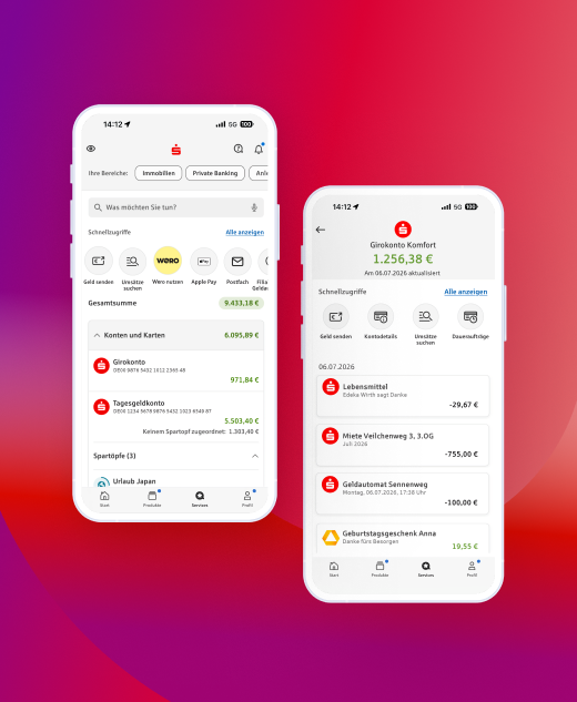 Zwei Screens des neuen App Sparkasse Releases 8.2