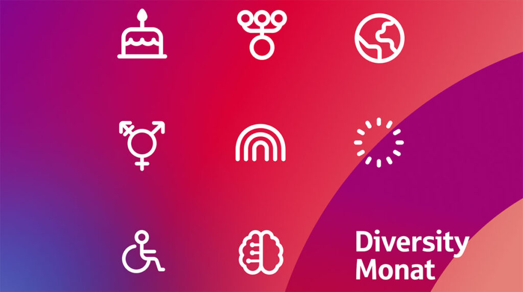 Diversity Monat Grafik bei Star Finanz mit Symbolen für Vielfalt, Inklusion, Barrierefreiheit, Neurodivergenz und Zusammenarbeit auf farbigem Hintergrund