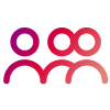 Abstraktes Symbol mit drei Personen. Die Figuren sind durch rote und violette Konturen mit Farbverlauf dargestellt, wobei zwei sich überlappende Kreise die Köpfe und geschwungene Linien die Körper bilden, vor einem hellen Hintergrund.