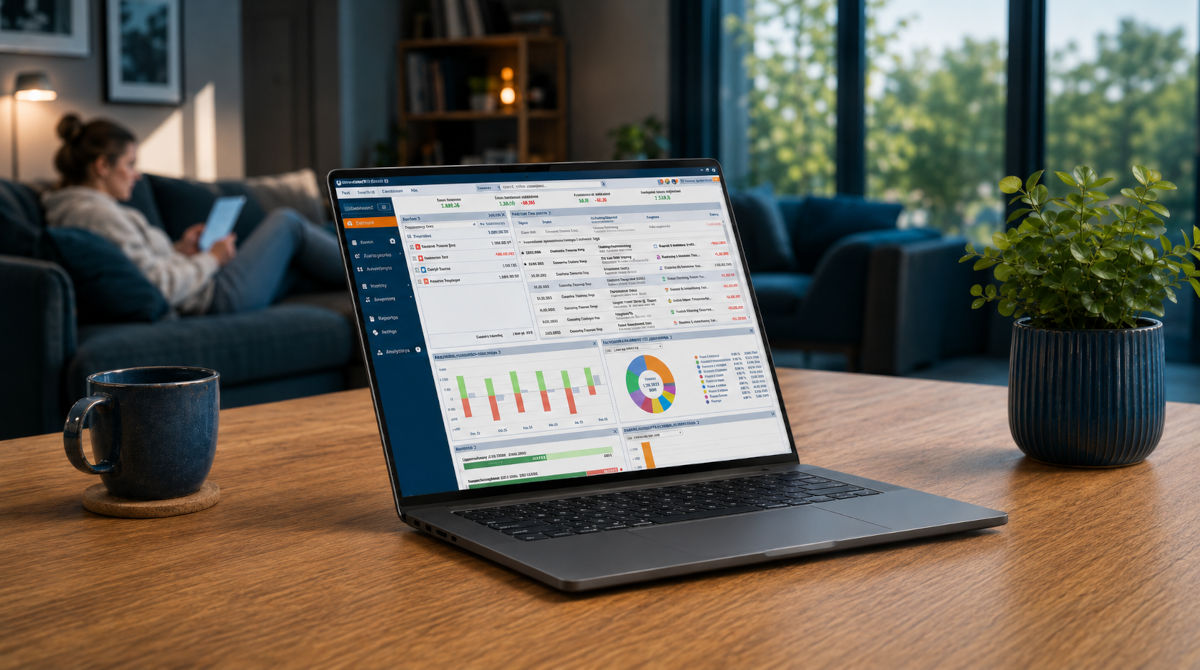 Aufgeklappter Laptop mit StarMoney Software auf dem Tisch und Frau sitzt im Hintergrund auf der Couch.