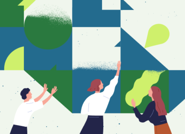 Illustration mehrerer Personen vor geometrischen Formen und Pflanzen als Symbol für Austausch, Engagement und Nachhaltigkeit