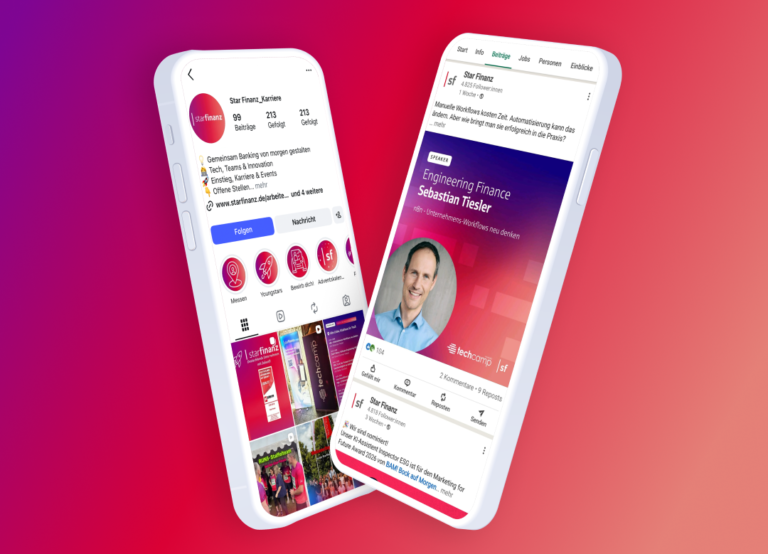 Zwei Smartphones mit den Screens des Star Finanz Instagram- und LinkedIn Kanals