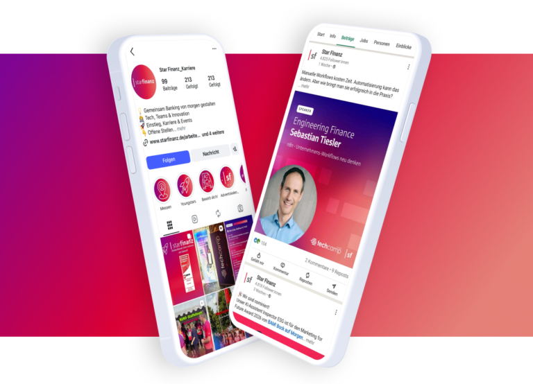 Zwei Smartphones mit den Screens des Star Finanz Instagram- und LinkedIn Kanals