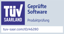 TÜV Saarland Siegel für SFirm – Geprüfte Software – Produktprüfung mit Prüf-ID 46280 auf tuv-saar.com.