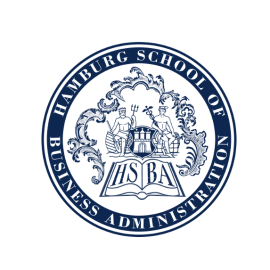 Logo der Hamburg School of Business Administration (HSBA). Es zeigt ein kreisförmiges Emblem mit zwei Figuren – einem Kaufmann und einem Seemann – die das Hamburger Wappen halten. Unten ist ein geöffnetes Buch mit den Buchstaben HSBA abgebildet.