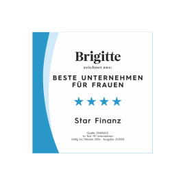 Brigitte-Auszeichnung 2024/2025: Star Finanz als eines der besten Unternehmen für Frauen in Deutschland – vier Sterne Bewertung durch Embrace.