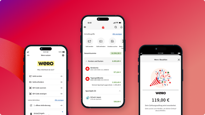 Darstellung der App Sparkasse mit neuer Wero-Funktion zum Geld senden, Kontenübersicht und digitale Zahlungen – Screenshot aus dem App Release 7.3 der Star Finanz.