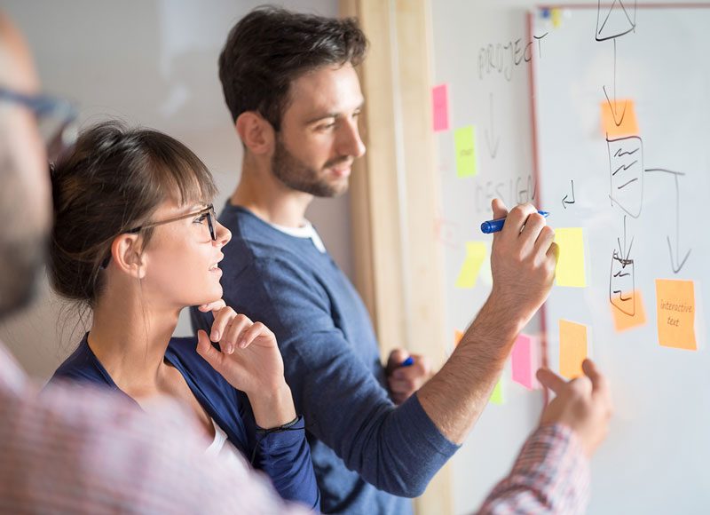 Drei Personen stehen vor einer Projektwand und ein Mann schreibt etwas an die Wand.