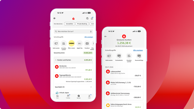 Zwei Screens des neuen App Sparkasse Releases 8.2
